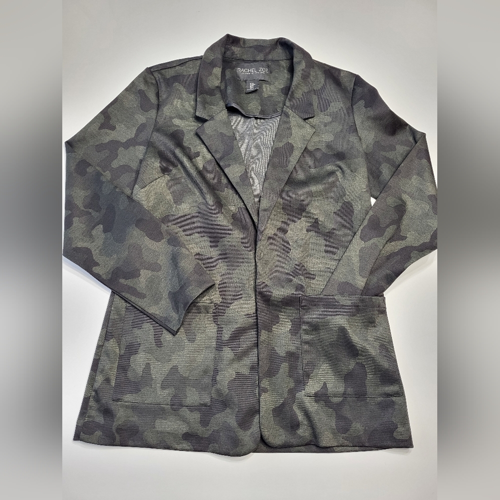 Rachel Zoe Women's Medium Black Green Camo Open Front Casual Blazer Jacket EUC